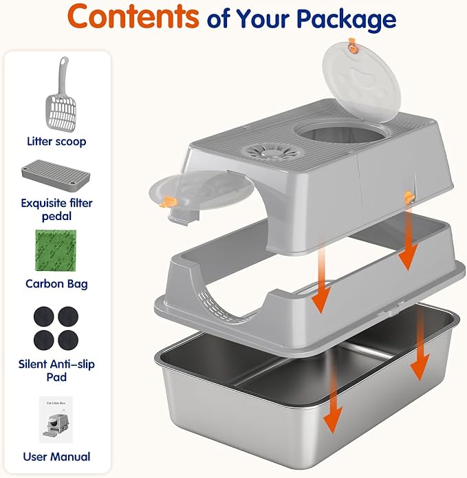 Front & Top Entry Stainless Steel Litter Box with Lid,Cat Litter Box Enclosure,Extra Large Enclosed,Non-Sticky Metal Pan,Anti-Leakage,Odor Control,Easy Clean,Covered for Indoor Cats,Includes Scoop Set