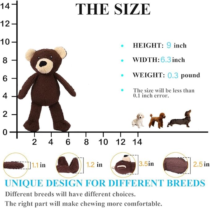 3-Layered Stuffed Dog Toys for Small Medium Dogs, Soft Plush Squeaky Dog Toys to Keep Them Busy for Small Medium Large Breed, Cute Animals Puppy Teething Chew Toys - Bear S