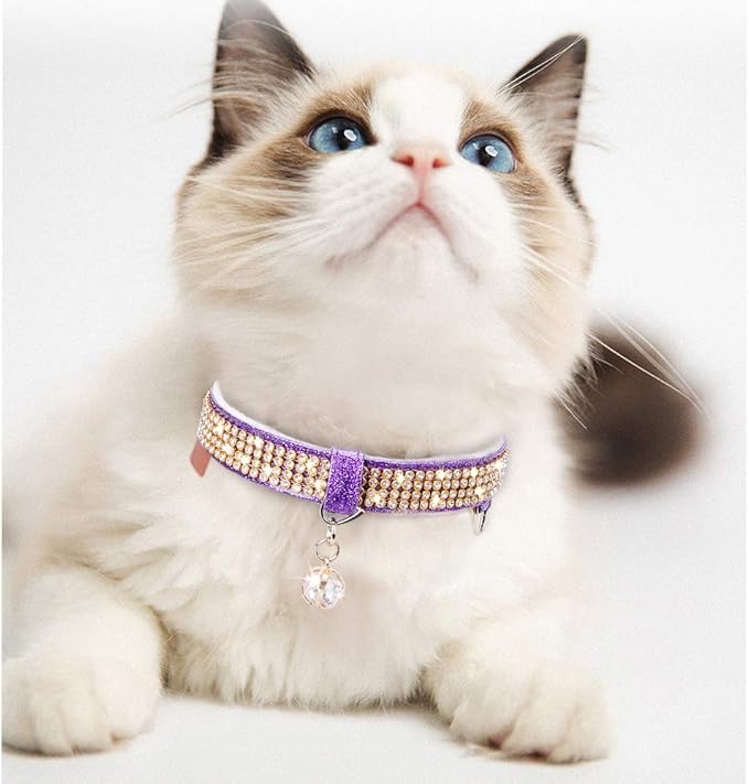 PetsHome Cat Collar, Dog Collar, [Bling Rhinestones] Premium PU Leather with Pendant Adjustable Collars for Big Cat and Small to Medium Dog Small Purple