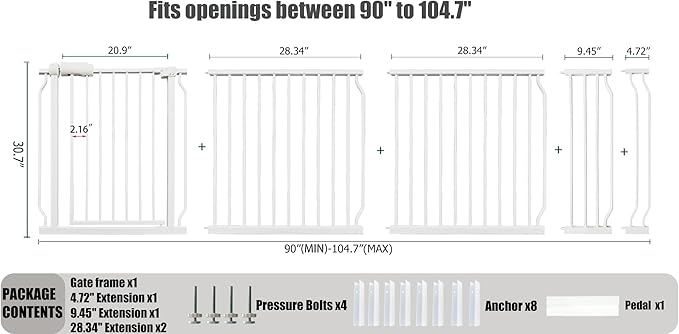 Heavy Duty Baby & Dog Safety Gate 86-104.7 Inch, White Metal, Tension Mounted No Drilling Pet Gate for Large Openings