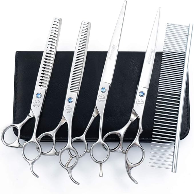 Professional Dog Grooming Scissors Set, 7 Inch/8 Inch Pet Grooming Scissors Chunkers Shears for Dog, Curved Dog Grooming Scissors, Thinning Shears for Dog with Grooming Comb