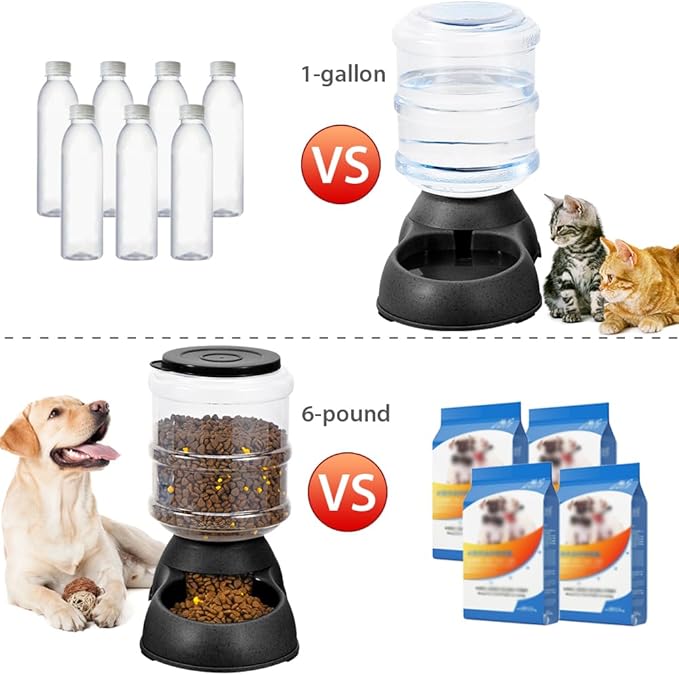 2 Pack Automatic Cat Feeder and Water Dispenser in Set Pet Food Bowl for Small Medium Dog Pets Puppy Kitten Big Capacity 1 Gallon x 2 (Dark Black)