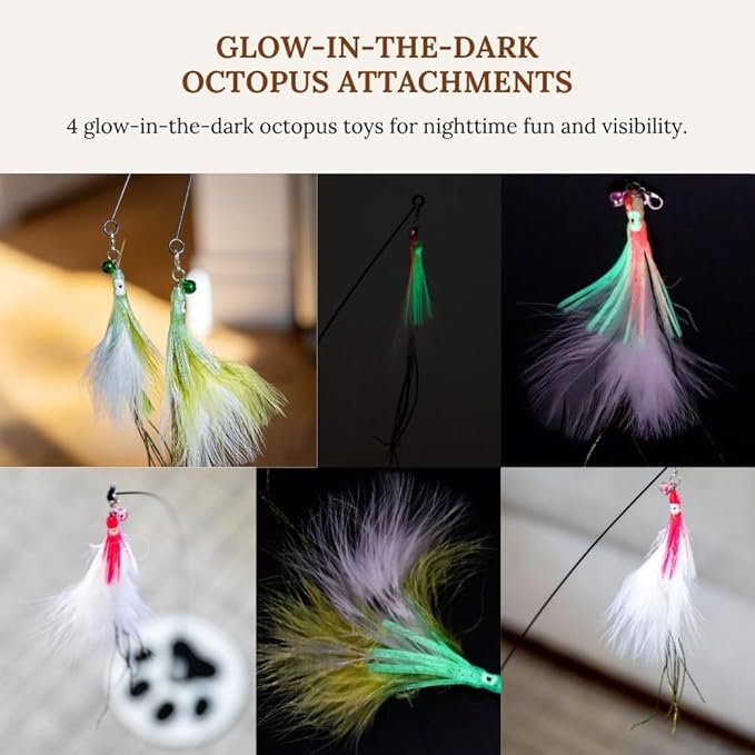 Cat Wand Toy with Round Base – Interactive Feather & Glow-in-The-Dark Octopus Attachments – Suction Cup Cat Toy for Indoor Cats & Kittens