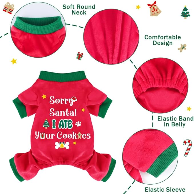 Dog Christmas Pajamas Soft Lightweight Velvet Dog Outfit Warm Pet Winter Clothes for Small Medium Large Pet Dogs Cats (Small, Sorry Santa,I ate Your Cookies)