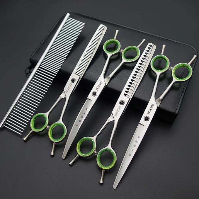 7.0 inches Professional Dog Grooming Scissors Set Straight & thinning & Curved & chunkers & comb 5pcs in 1 Set for left-handed & right handed
