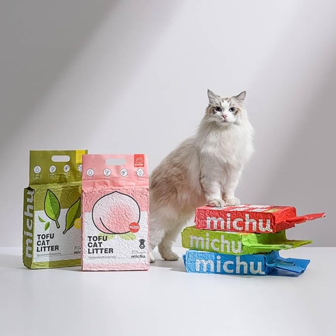 Michu Tofu Cat Litter Natural Clumping Tofu Cat Litter, Fast Clumping and Easily Scoop-able 5.5lb/88oz 5 Scents - Peach, 8 Pack