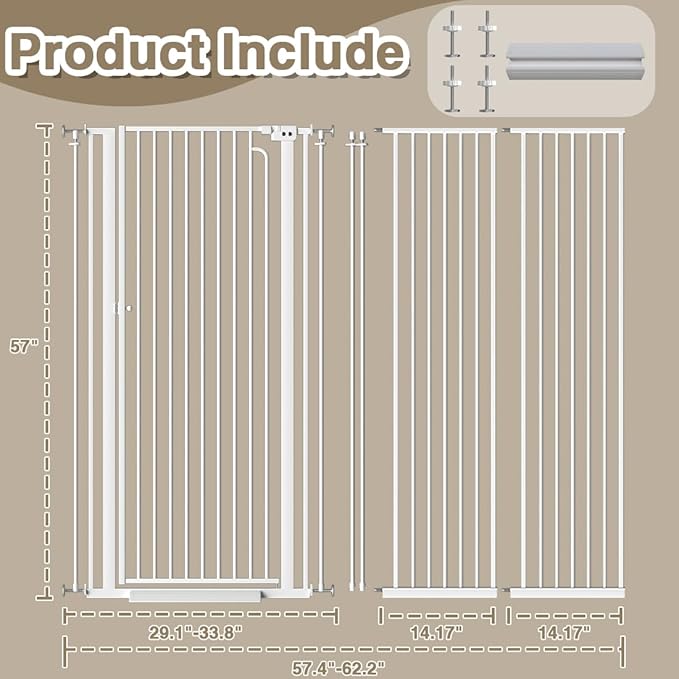57" Extra Tall Cat Pet Gate for Doorway, 57.4"-62.2" Wide Pet Gate for Cats Walk Through, Auto Close Tall Baby Gates with Door, Child Safety Gate Indoor Stairs, Cat Proof Gate for Dog, White