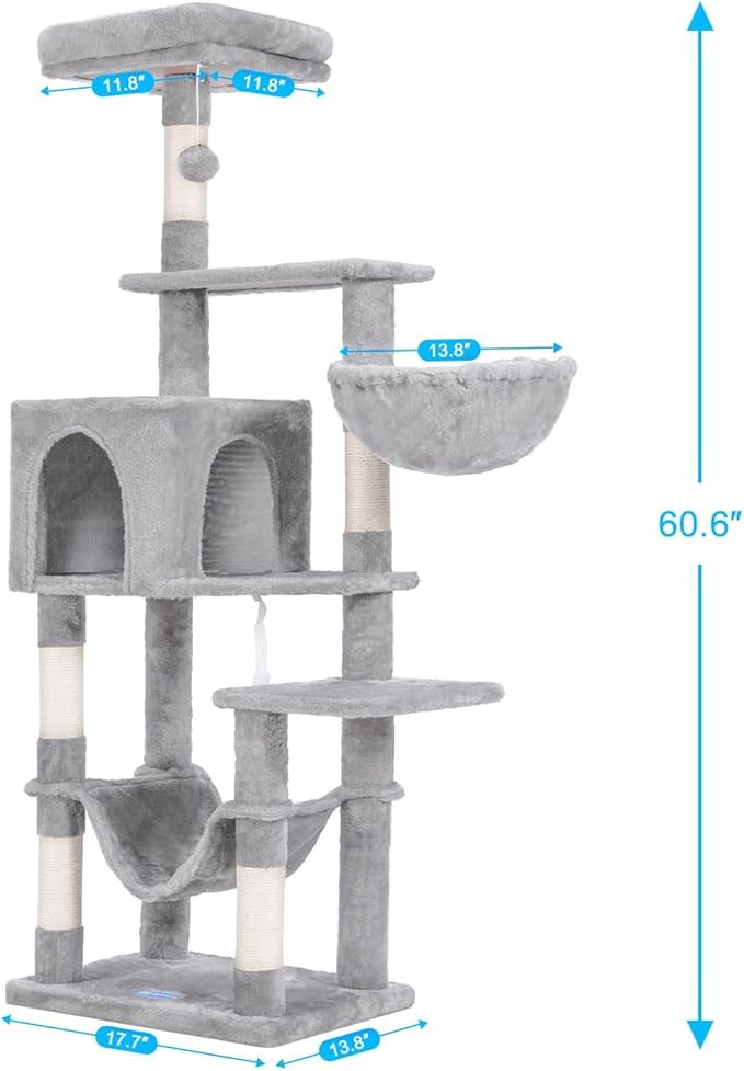 Hey-brother Cat Tree with Large Hammock, Multi-Level Cat Tower for Indoor Cats, Cat Condo with Sisal-Covered Scratching Posts and Top Perch, Light Gray MPJ050W