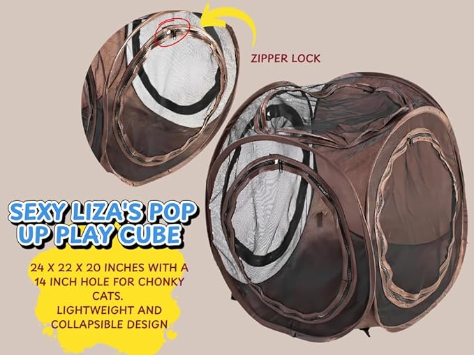 Sexy Liza’s Pop Up Tent Cat Cube - 24x22x20” Play Tent w/ 14” Hole - Connects with Snarky Pets Timmy & Mister’s Tunnel - Outdoor Cat Tent, Play Pen, Zip Connect, Outdoor cat House or Small Dog Bed