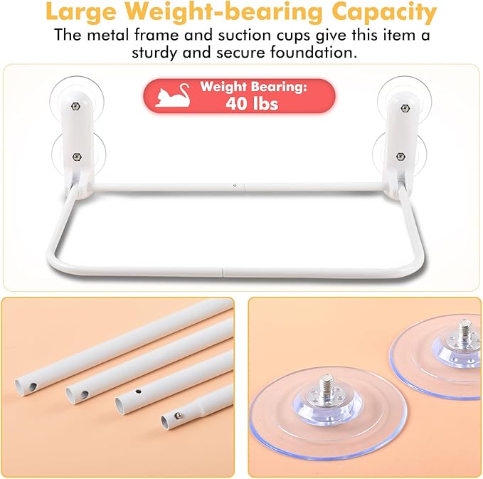 Cat Window Perch, Cordless Cat Hammock Window Seat with Cozy Pad Bed Cover for Indoor Cats, Durable Metal Frame Support Pet Bed with 4 Suction Cups for Large Cats (Cushion Pad Bed - White)