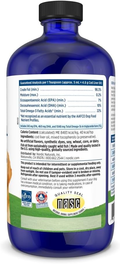 Nordic Naturals Pet Cod Liver Oil, Unflavored - 16 oz - 1048 mg Omega-3 Per Teaspoon - Fish Oil for Dogs with EPA & DHA - Promotes Skin, Coat, & Immune Health
