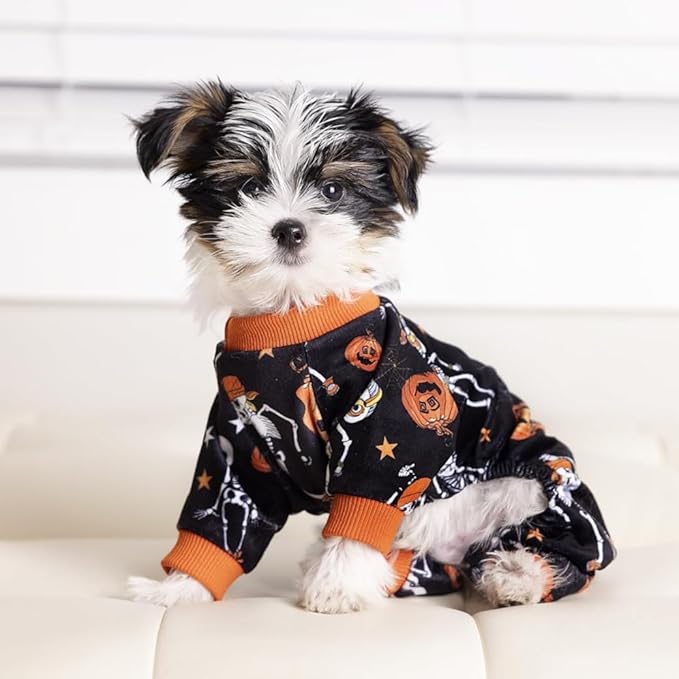 Fitwarm Halloween Skeleton Dog Costume Lightweight Velvet Pajamas Pet Clothes Doggie PJS Puppy Onesie Doggy Outfits Cat Jumpsuits Black XS