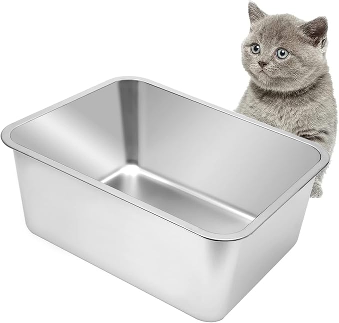 Kichwit Large Stainless Steel Cat Litter Box with High Sides, Metal Litter Pan for Cat, Non Stick Smooth Surface, Easy to Clean (17.5" L x 13.5" W x 7.9" H)