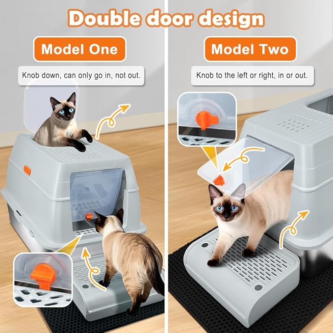 Vivifying Stainless Steel Litter Box with Lid, XL Front Entry Enclosed Extra Large Litter Box for Big Cats & Kitty, Top Exit Metal Cat Pan with Scoop, Mat, Trapping Step, Charcoal Filter (Gray)