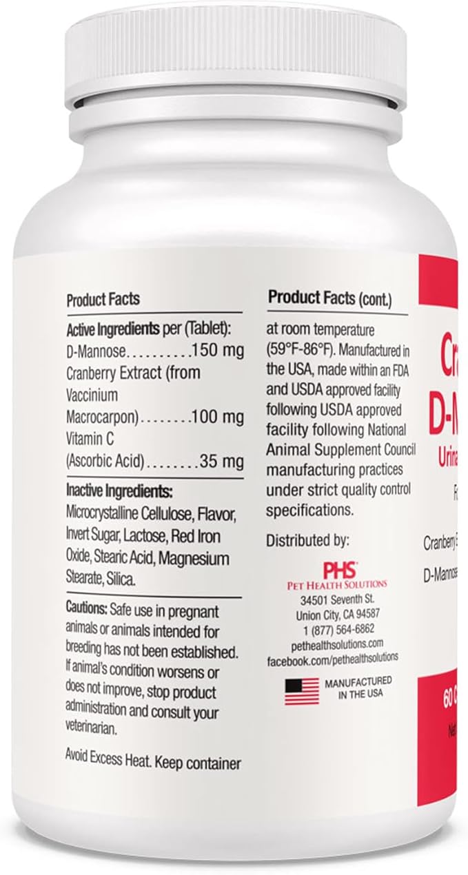 Cranberry D-Mannose Urinary Tract Supplement for Dogs & Cats – Bladder & UTI Health Support – Cranberry Extract, D-Mannose & Vitamin C–Promotes Urinary Wellness & Kidney Function – 60 Chewable Tablets