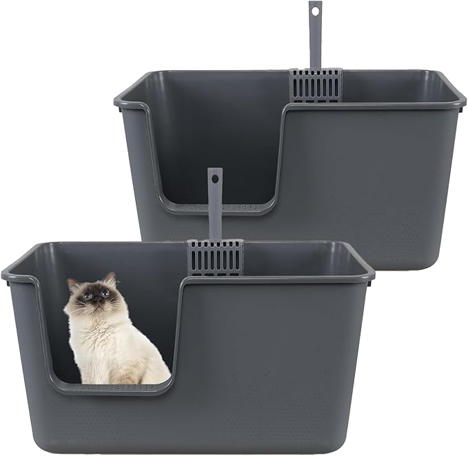 Large Cat Litter Box with High Sides, Easy to Clean, Litter Box for Big Cats&Multiple Cats (Pack of 2, Grey)