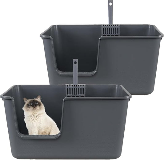 Large Cat Litter Box with High Sides, Easy to Clean, Litter Box for Big Cats&Multiple Cats (Pack of 2, Grey)