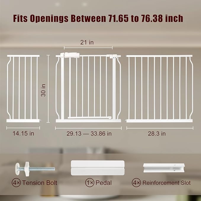 Extra Wide Baby Gate 71.65-76.38 Pressure Mounted,Child Dog Pet Safety Gates with Walk Through Door for Doorways Stairs No Drilling in Door,White