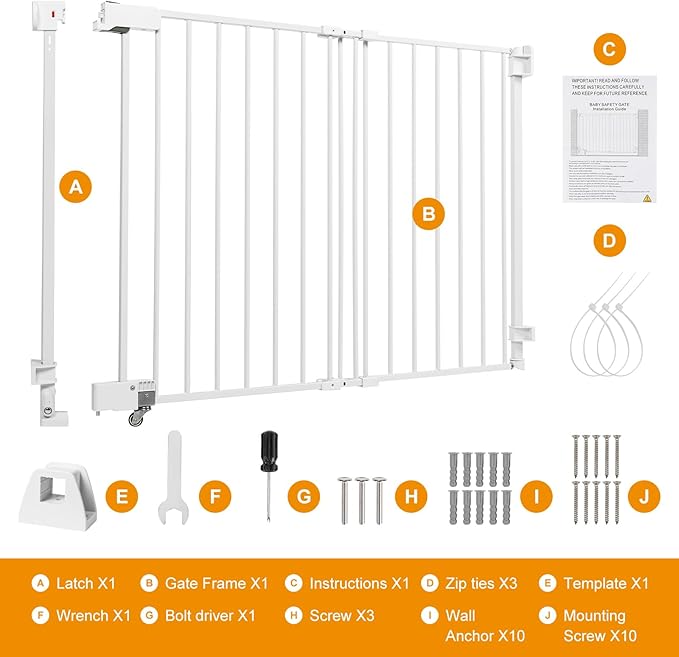 No Bottom Bar Baby Gate, 51.18 inch Tall Cat Pet Gate for Doorway, Adjustable 27.5in- 43 in Dog Gate with Large Walk Thru Door (White, 51.18inch)