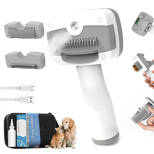 5-in-1 Pet Steam Brush for Dogs & Cats-Self-Cleaning Steam Dog Brush with 3 Swap-in Heads (Grooming, Dematting, Deshedding),Cat Spray Hair Removal Comb,Includes Pet Essence & Storage Case