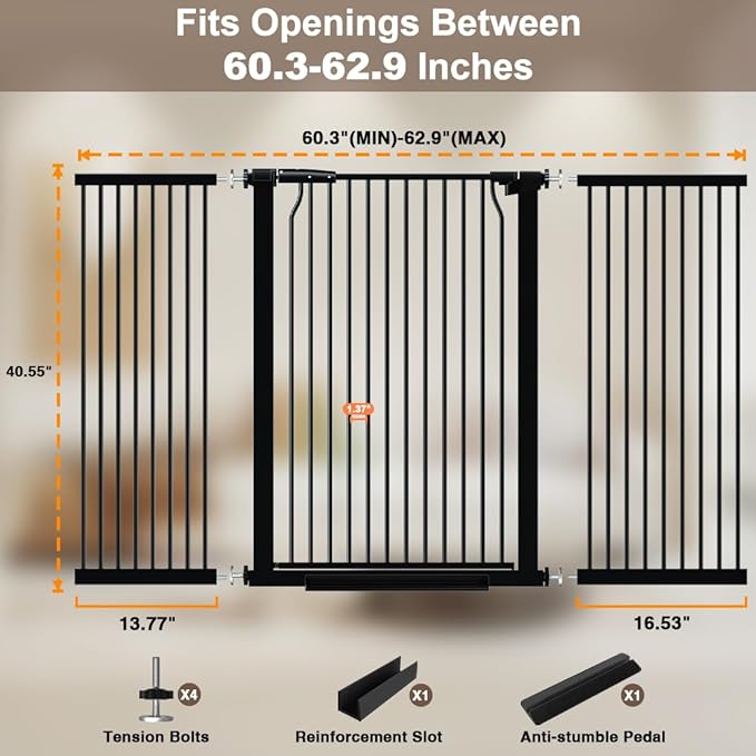 40.55" Extra Tall Dog Gate for Doorways Stairs, 60.3-62.9 in Wide Baby Walk Thru, Pressure Mounted Pet No Drill, Large Doggie With Door, Auto Close Indoor, Black
