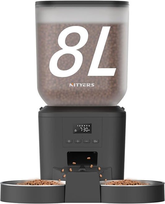 Automatic Cat Feeder for 2 Cats - 8L/34 Cups Large Capacity Auto Cat Food Dispenser with LCD Screen, 2 Food Trays, Timed Feeder, Up to 50 Portions 6 Meals Per Day, Keep Fresh