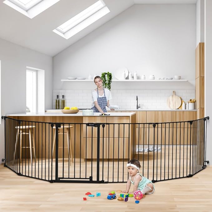 COMOMY 150" Extra Wide Baby Gate with Door, Dog Gates for The House Doorways Fireplace, Auto Close Baby Fence Play Area, Walk Through Pet Gate, Hardware Mounted Baby Gate, 6-Panels (30" Tall, Black)