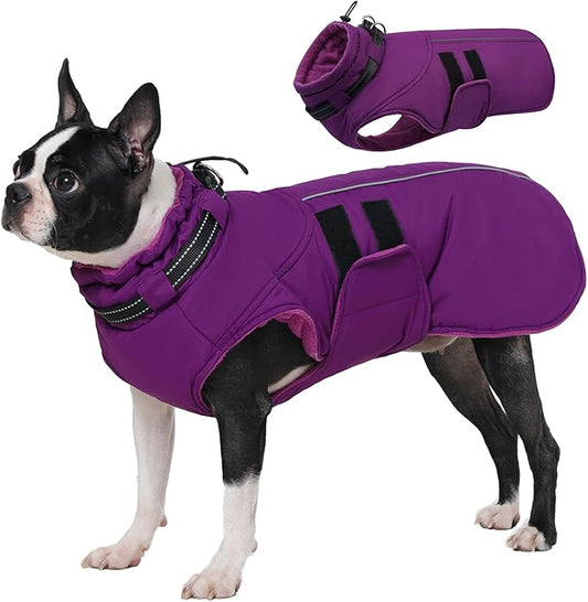 IECOii Waterproof Dog Coat for Medium Dogs, Reflective Dog Jacket with Collar Built in, Thick Fleece Dogs Coat for Winter Easy On Hook & Loop Pet Snowsuit for Hunting, Hiking, Camping, Purple - L