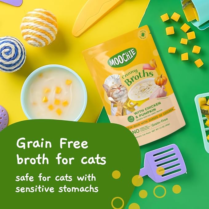 MOOCHIE Grain Free Creamy Broth for Cats - Made with Real Chicken & Pumpkin - No Artificial Flavors or Preservatives - 16 x 1.4 oz Pouch