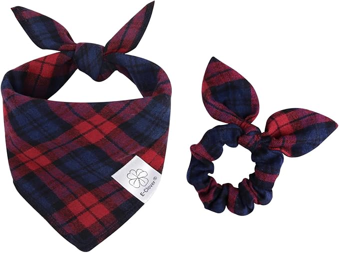 E-Clover Christmas Dog Bandanas & Matching Scrunchie Set Plaid Dog Scarf Bibs Pet Handkerchief for Small Dogs Puppy Owner Gifts Red Blue