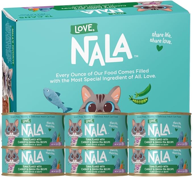 LOVE, NALA - Natural Adult Cat Wet Food - FLAKED Tuna with Carrot & Green Pea in Broth - Grain Free, Non-GMO, Lean Protein, Added Minerals & Vitamins - 12 Pack, 2.4 lbs.