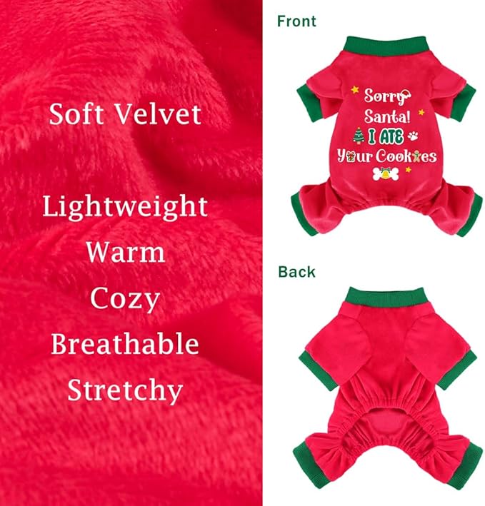 Dog Christmas Pajamas Soft Lightweight Velvet Dog Outfit Warm Pet Winter Clothes for Small Medium Large Pet Dogs Cats (Small, Sorry Santa,I ate Your Cookies)