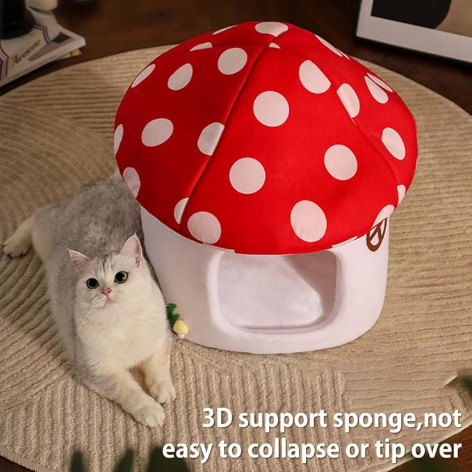 Cute Cat Bed Cave for Indoor Highland Mushroom Shaped Pet Plush House Self-Warming Nest Small Dogs Rabbits with Removable Cushion for Puppy Bed with Hanging Toy (Red Mushroom)