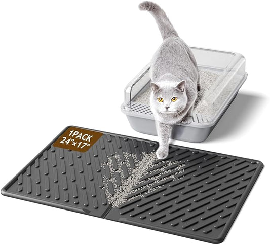 Cat Litter Mat with Grooves & Raised Edge, Urineproof/Waterproof, Litter Scattering Control, Easy to Clean & Recycle (24 * 17in-Black-1 Pack)