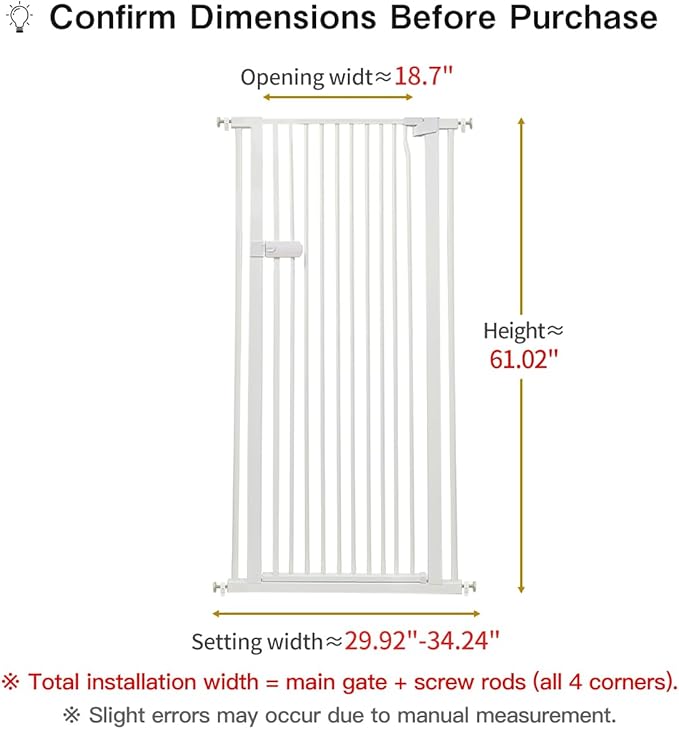 Lumizone Extra Tall Cat Gate 61.02" High Pressure Mounted Extra Wide 2025 New (17 Sizes) 1.37" Gap No Drilling Auto-Close One-Handed Operation Tall Pet Gate for Dogs(White, 29.92"-34.24"/76-86.5cm)
