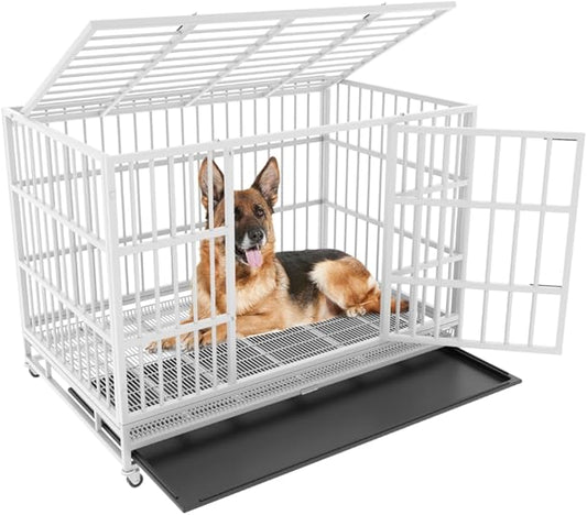 48/42/38 inch Heavy Duty Indestructible and Escape-Proof Dog Crate Cage Kennel for Large Dogs, High Anxiety Dog Crate with Removable Wire Trays and Wheels, Extra Large XL XXL