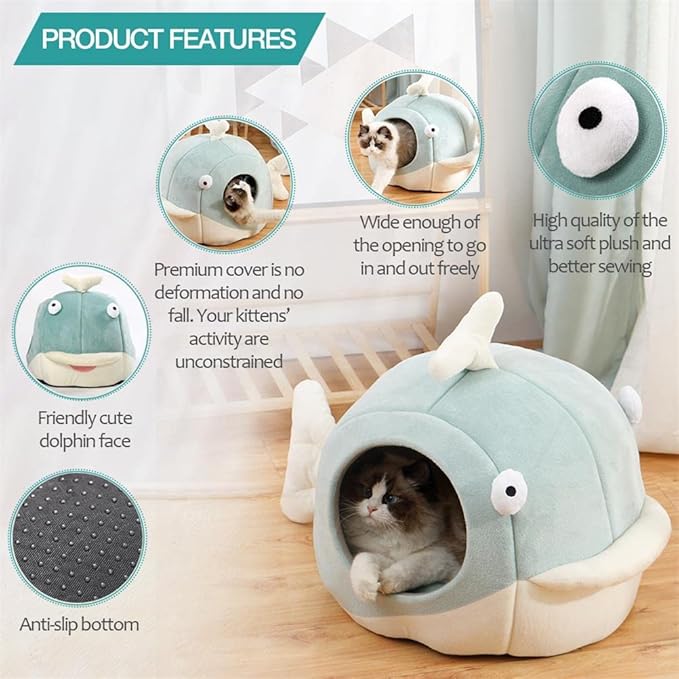 Lcybem Cat Beds for Indoor Cats - Cat Bed Cave with Removable Washable Cushioned Pillow, Soft Plush Premium Cotton No Deformation Pet Bed, Roomy Dolphin cat House Design, Multiple Sizes