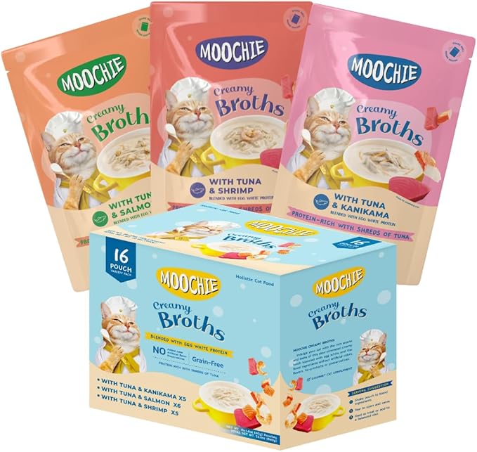 MOOCHIE Grain Free Creamy Seafood Multipack Cat Broth - Real Salmon, Shrimp, Kanikama - No Artificial Flavors or Preservatives - 16 x 1.4 oz Pouch