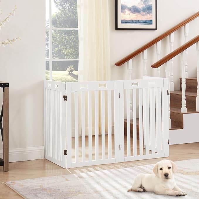 unipaws 29.5'H Free Standing Tall Wooden White Dog Cat Gate, Foldable Pet Fence for Doorway, Stairs, Indoor Use