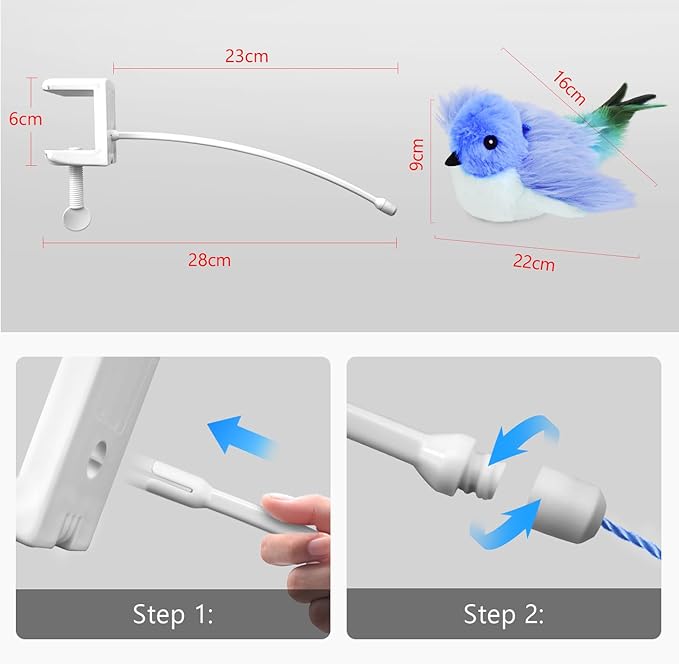 Migipaws Interactive Flapping Bird Cat Toys with Rod, clamp, Elastic String and Catnip, Automatic Chirping Toys for Indoor Cats to Chase, Hanging Feathers for Kitten to Self Play,Rechargeable(Blue)