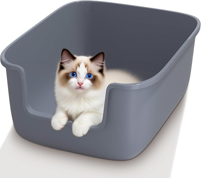 Vealind Large Cat Litter Box High Sided and Side Entry Cat Litter Pan 50 x 40 x 22 CM, Anti-Splashing Deep Tall Cat Boxes for Indoor Cats Basics Kitty Litter Box (Grey)