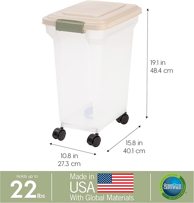 IRIS USA WeatherPro Airtight Dog Food Storage Container, Up to 22 lbs, Attachable Wheels, For Dog Cat Bird and Other Pet Food Storage Bin, Keep Fresh, Translucent Body, Clear/Almond