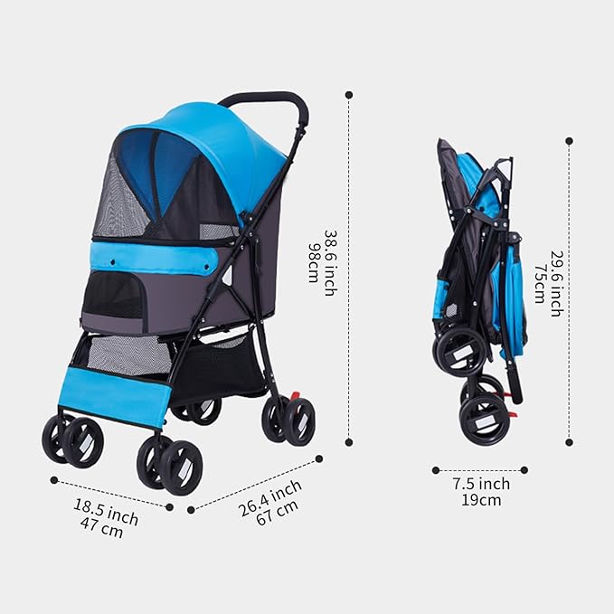 4 Wheels Pet Stroller,Easy-Foldable Dog Cat Cage Jogger Stroller with Weather Cover for All-Season,Storage Basket and Visible Mesh for Small/Medium Pets up to 33lbs (Blue)