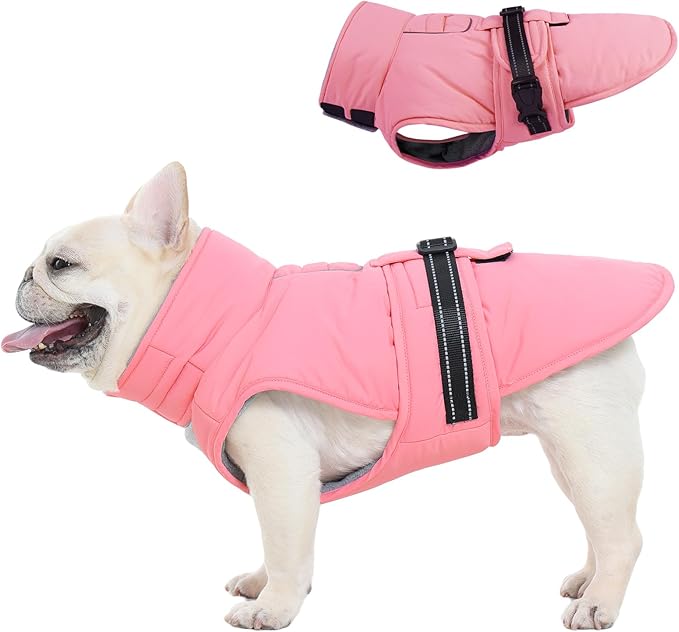 Large Dog Coat, Warm Dog Winter Jacket, Waterproof Dogs Snowsuit with Foldable High Collar, Reflective Strips, Leash Hole, and Adjustable Hook & Loop Closure - Ideal for Cold Weather - Pink L