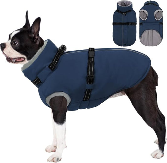 AOFITEE Dog Coat, Warm Dog Jacket Winter, Waterproof Dogs Winter Coat with Harness & Zipper, Reflective Turtleneck Fleece Pet Puffer Jacket Snowsuit for Jack Russel, Boston Terrier, Blue M