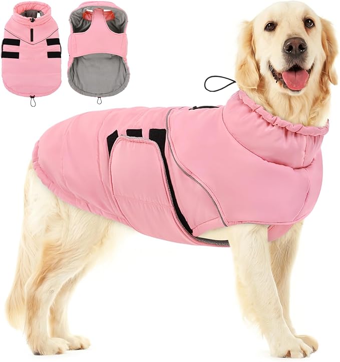 Peferhouse Dog Warm Winter Coats for Extra-Large Dogs, Dog Cold Weather Coat Dog Windproof Reflective Jacket with Harness Hole Thick Dog Vest Jacket Pink XL