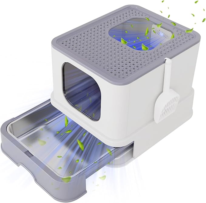 RIZZARI Stainless Steel Cat Box: Enclosed Design with High Walls - White with Deodorizer - Large Litter Pan for Odor Control - Balcony Laundry Room Use