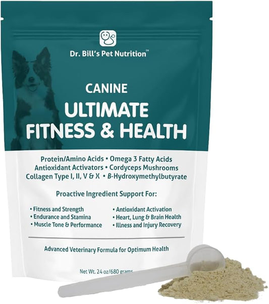 Dr. Bill’s Canine Ultimate Fitness & Health Vitamins for Dogs | Multivitamin for Dogs w/Coenzyme Q-10, Vitamin E, Vitamin D-3, Biotin, Folic Acid, Hyaluronic Acid Dog Vitamins and Supplements 340g