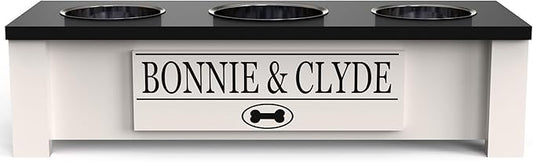 GrooveThis Woodshop - Personalized Elevated Triple Dog Bowl Stand for Large, Medium, Small, X-Small Dogs - 3 Stainless Steel Food and Water Bowls - Raised Dog Dish with Internal Storage (Small, Black)