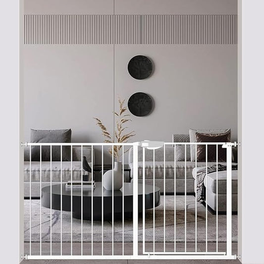 WAOWAO Triple Lock Baby Gate Extra Wide 53.93-57.87" Pressure Mounted Walk Through Swing Auto Close Safety White Metal Dog Pet Puppy Cat for Stairs,Doorways,Kitchen